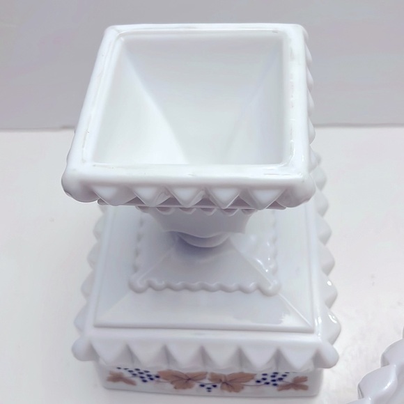 Vintage Milk Glass Large Covered Compote Handpainted Grape Leaves - Picture 9 of 12